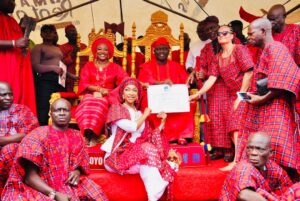 Honourable Minister Hannatu Musa Musawa Presents UNESCO World Heritage Inscription Certificate for the Sango Festival to the Alaafin of Oyo